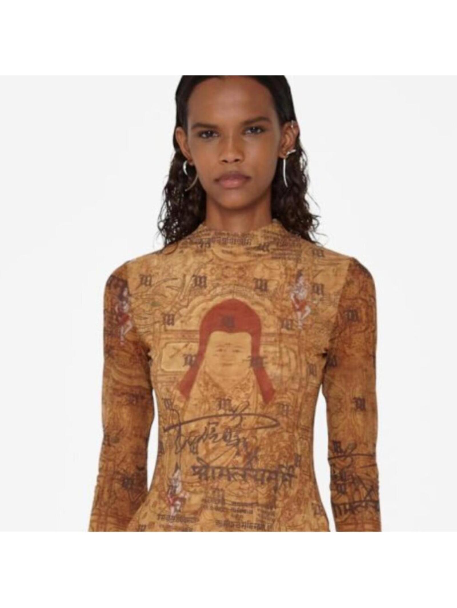 Msbhv Orange Goa Semi Sheer Spiritual Graphic Long Sleeve Bodysuit Medium